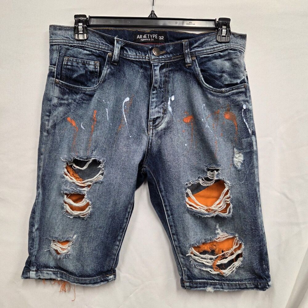 Arketype Men’s Ripped Distressed Denim Shorts Size 32 – Acid Wash Jean Style